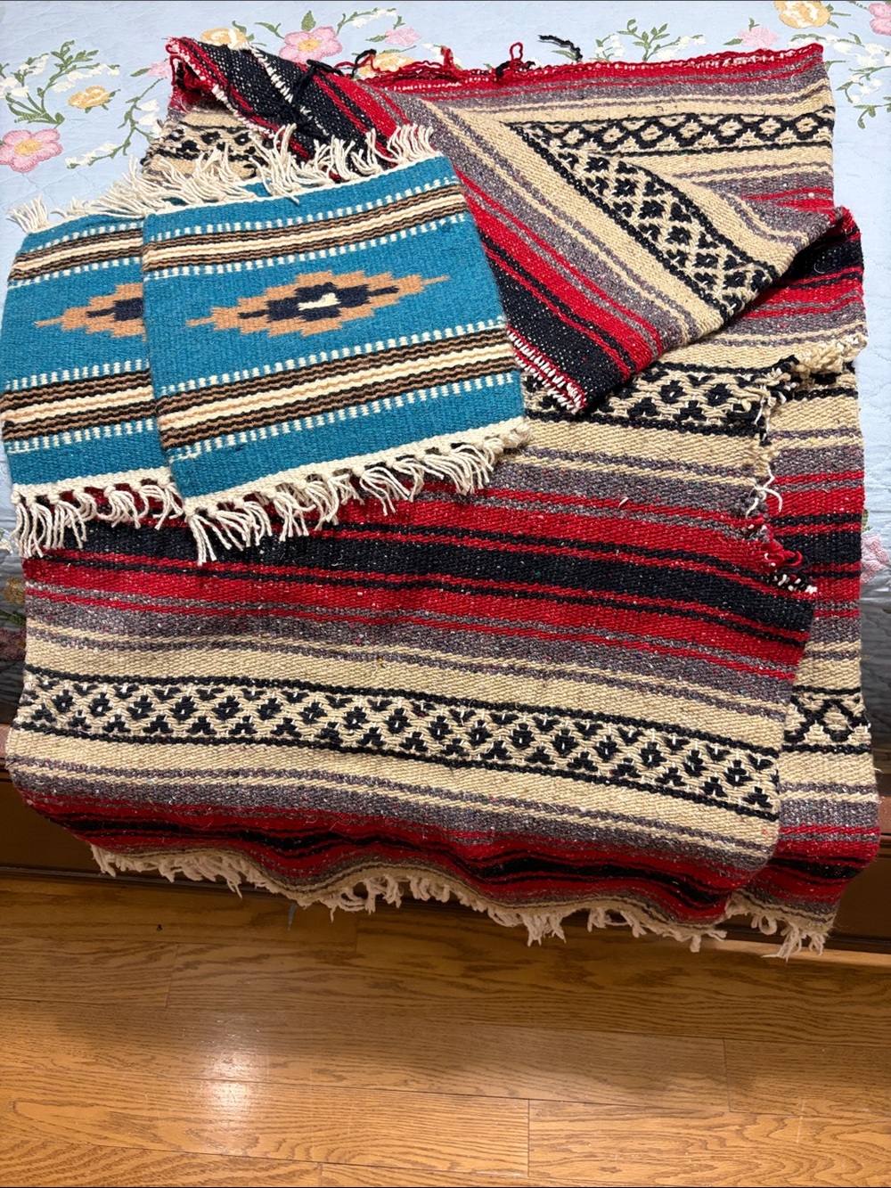 2 El Paso Saddle Blanket 10” X 11” Table Mats Teal & Black plus 2 free zarapes
